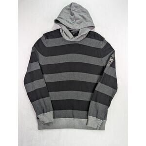 Express Size M Black & Gray Striped Knit Hoodie w/Embroidered Left Arm VTG Y2K